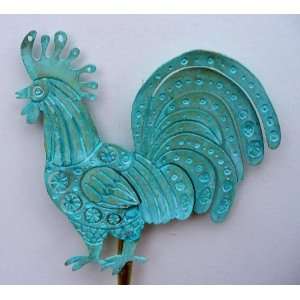  Rooster Original Brass Plant Stake with Patina Finish for 