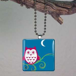 Blue Moon Owl Large Glass Tile Necklace Pendant B12  