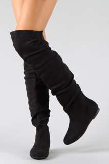 Over the Knee Thigh High Slouchy Suede Flat Boots Black  