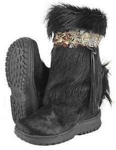 BEARPAW Womens Kola Boot Goat Fur Pheasant Feather Wool Sheepskin 
