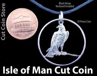 Isles of Man Peregrine Falcon Falconry Hand Cut Coin Pendant Hemp 