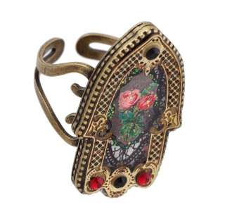 Michal Negrin Rose Bouquet Hamsa Ring made with Brown & Pink Crystals 