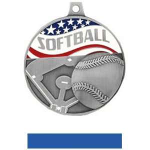 Custom Hasty Awards Americana Softball Medals SILVER MEDAL/BLUE RIBBON 