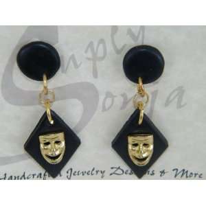 Black Mask Gold Polymer Fimo Clay Artisan Earrings 1526