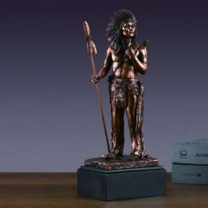 Indian Hero Holding Spear Bronze Patina Statue with Base, 12 inches H 