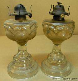 Antique c1890 Pair Kerosene Oil Lamps Blown Peanut Pattern Glass Eagle 