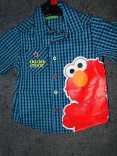 Boys Sesame Street Blue checkered Shirt with large Elmo Print BNWT 