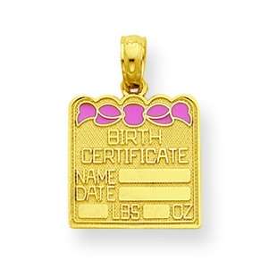 14k Yellow Gold Pink Enameled Birth Certificate Charm  