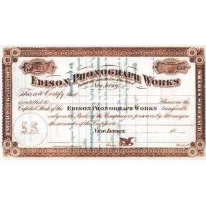  Edison Phonograph Works Stock Certificate of 1888