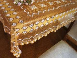Vintage Handmade Filet lace Cotton Table Cloth Orange  