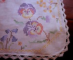 Vintage Linen Centre Doily Hand Embroidered Cross Stitch Pansies 