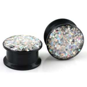  Screw On Acrylic Ear Plugs with Glitters   Silver   Sold 