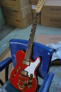 VTG TELE STYLE RED SEMI HOLLOW BODY ELECTRIC GUITAR GOLD BIGSBY TREM 