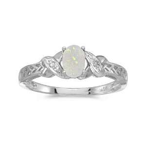  10k White Gold Oval Opal And Diamond Ring (Size 4.5 
