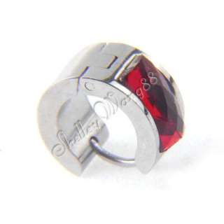 1x Men Women Earring Stainless Steel Stud Red CZ Crystal Fake Ear Plug 