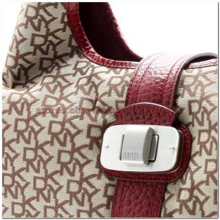 DKNY HOBO Handbag T&C Silver Turnlock Chino Red Leather Khaki Beige 