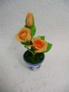 Handmade Miniature Dollhouse Clay Roses In Ceramic Pot  