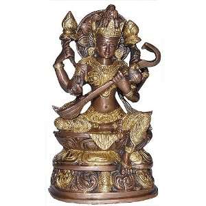 Metal Sculpture of Hindu Goddess Saraswati in Brass