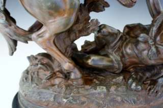   BRONZE PATINA FIGURE OF MAN ON HORSE BACK IN BATTLE BY MOREAU  