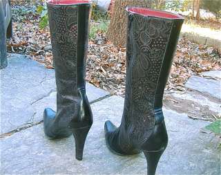 SIZZLING DETAILS Italian Designer Tooled Black Leather Mid Calf Boots 