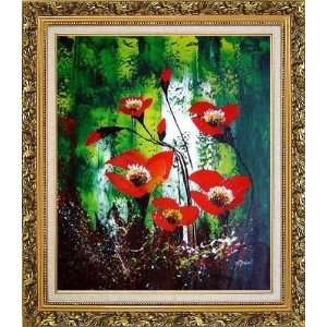 Red Flowers Sing in Green Oil Painting, with Ornate Antique Dark 
