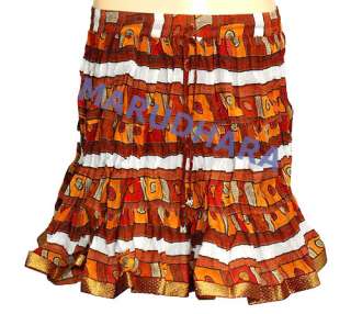block print crinkle cotton short skirt with brocade lace work