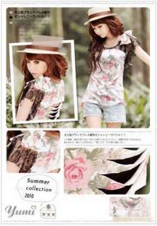 Korea Women floral hollow back sweet top T shirts 9042  