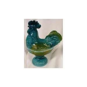  9 Glass 2 Piece Standing Rooster Candy Dish Teal & Orange 