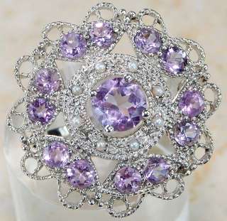 Amethyst Seed Pearl 925 Sterling Silver Victorian Style Flower Ring Sz 