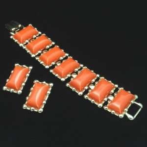 Coro Thermoset Set Bracelet Earrings Vintage Orange Coral  