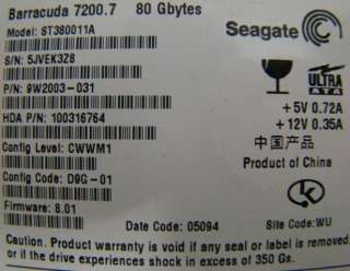 SEAGATE BARRACUDA 80GB IDE HARD DRIVE ST380011A 7200.7  