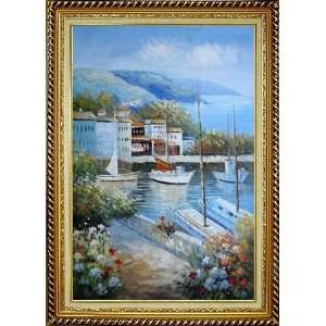  Italian Island Coast Flowers Town Oil Painting, with Linen 