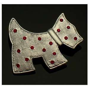 Acosta Brooches   Silver Colored with Red Crystal   Scottish Terrier 