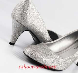 Round Toe Cutie Comfy Mid Heel Pumps Shoes Silver Glitter  