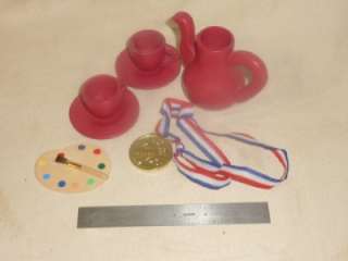 Dolls LOT : red wooden teapot cups saucers dishes paints brush winner 