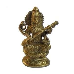 Worship Statue of Goddess Saraswati Handmade Hindu Brass Sculpture 4.5 