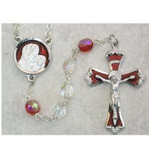  7MM BEAD CRYSTAL AURORA & RED ROSARY 