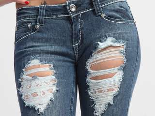 MOGAN Heavy DESTROYED Ladies Lace Inset Skinny Jeans LowRise RIPPED 