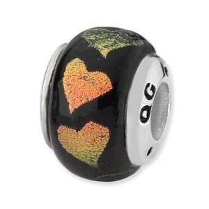  Sterling Silver Orange/Green Hearts Dichroic Glass Bead Jewelry
