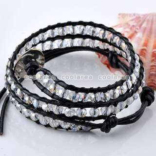   Hot STYLE Crystal Glass Bead Black Leather 2 Wrap Bracelet  