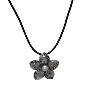  Intoxicate Silver Flower Black Cord Pearl Necklace 