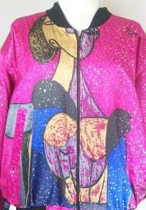 VTG 80s LIKO Satin PICASSO Fusia Pink & Gold Jacket Retro Art LG   XL 