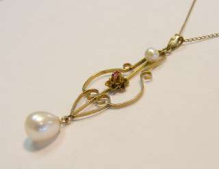 VICTORIAN 10K YELLOW GOLD RUBY PEARL LAVALIER NECKLACE *  