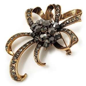  Black Crystal Bow Corsage Brooch (Gold Tone) Jewelry