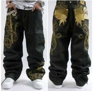 Gold Embroidery Mens Hip Hop Jeans Casual Pants Skateboard Pants Size 