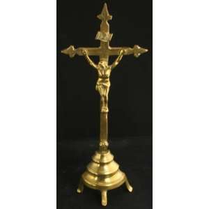  Antique French Brass Standing Crucifix Cross Jesus 