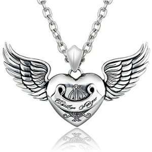 Christian Audigier 925 Sterling Silver Heart Wings Pendant Necklace