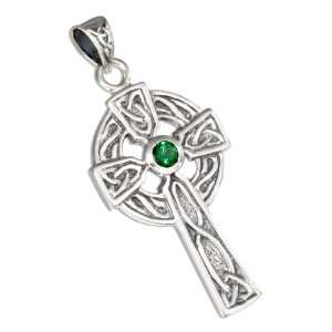   Antiqued Celtic Cross Pendant with Green Glass Center Stone: Jewelry
