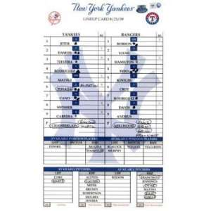  Rangers at Yankees 8 25 2009 Game Used Lineup Card (Jeter 
