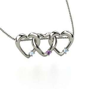 Three Linked Hearts Pendant, Round Amethyst Sterling Silver Necklace 